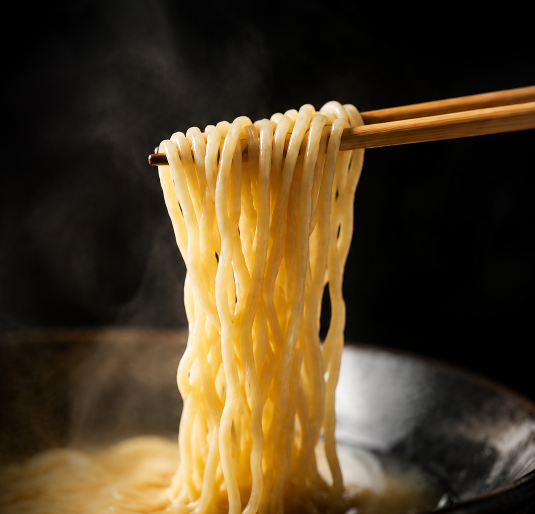 箸でラーメンを持ち上げている様子