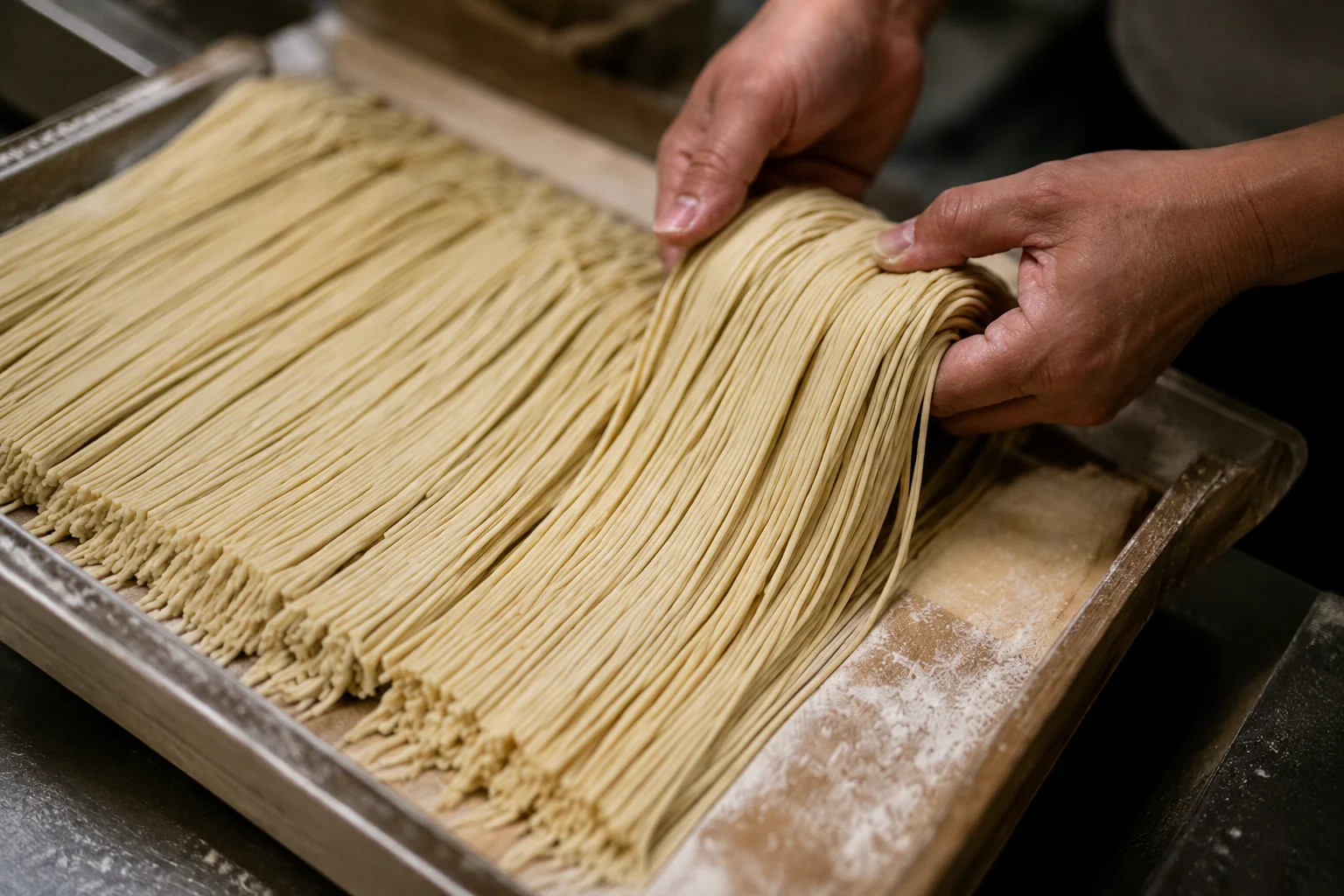 麺の生地を指先で押さえ弾力と状態を確認する作業者の手元